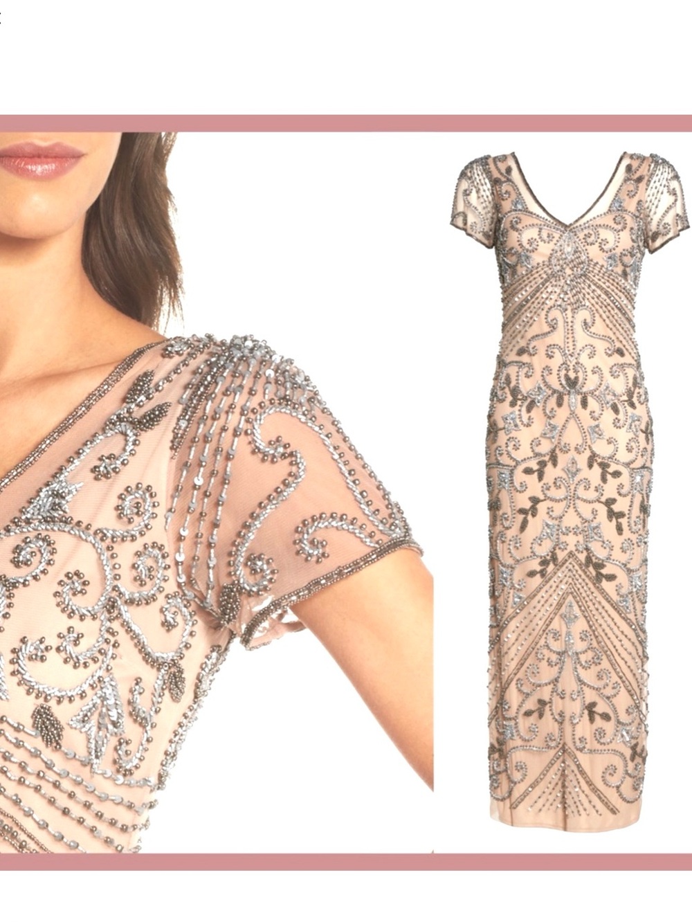 Pisarro Nights Blush Nude Silver Beaded Longline Gown NWT 10 - Picture 3 of 15